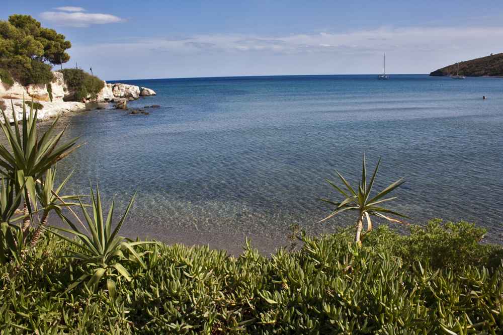 The clear turquoise water of the sheltered bay at Agia Marina, Aegina