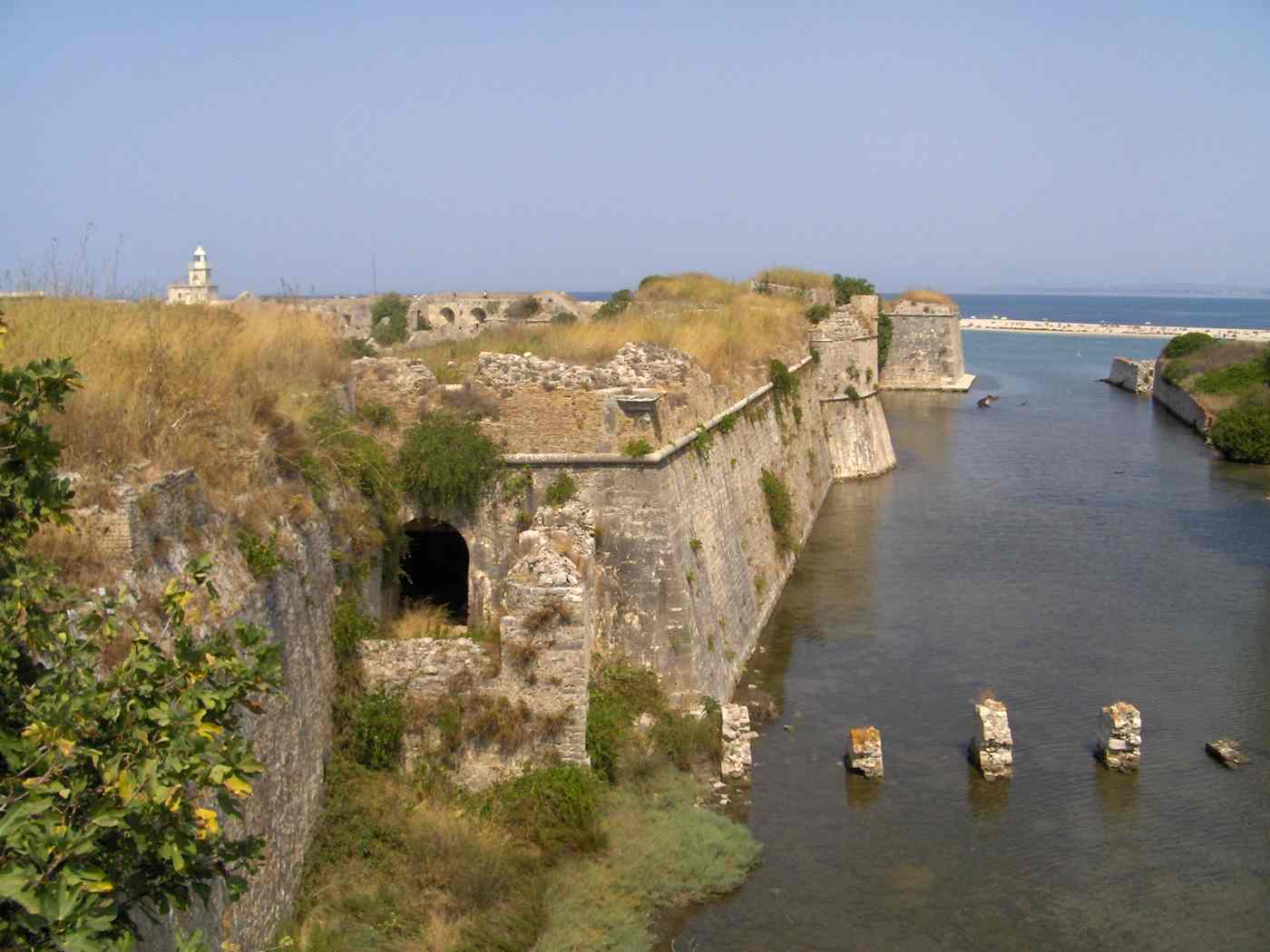 Agia Mavra Castle walls and sea moat at the entrance to Lefkada