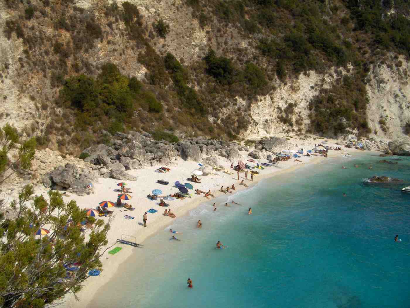 The white-pebble cove and turquoise water of Agiofili beach, Lefkada