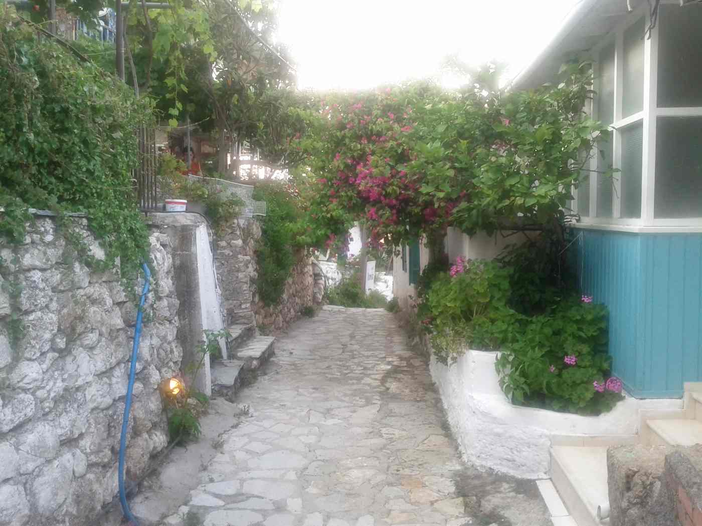 The whitewashed pedestrian lane of Agios Nikitas village, Lefkada