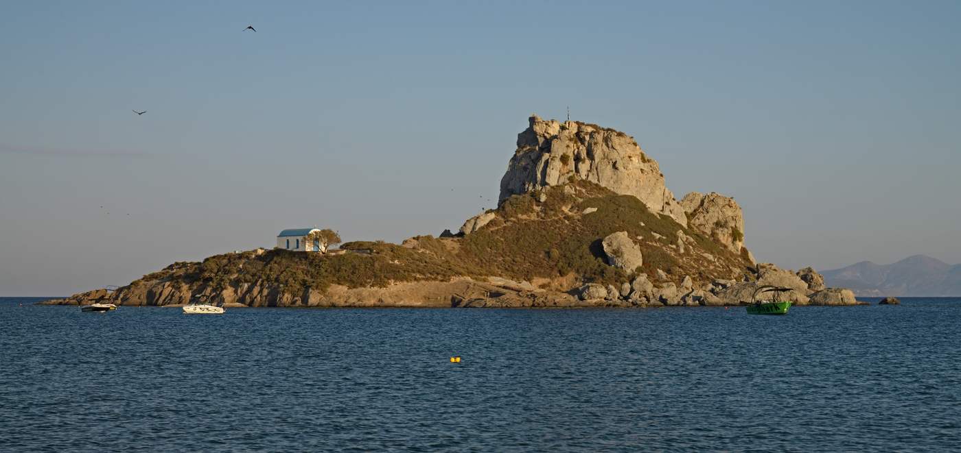 Castri island and chapel of St. Nicholas. Kos, Greece
