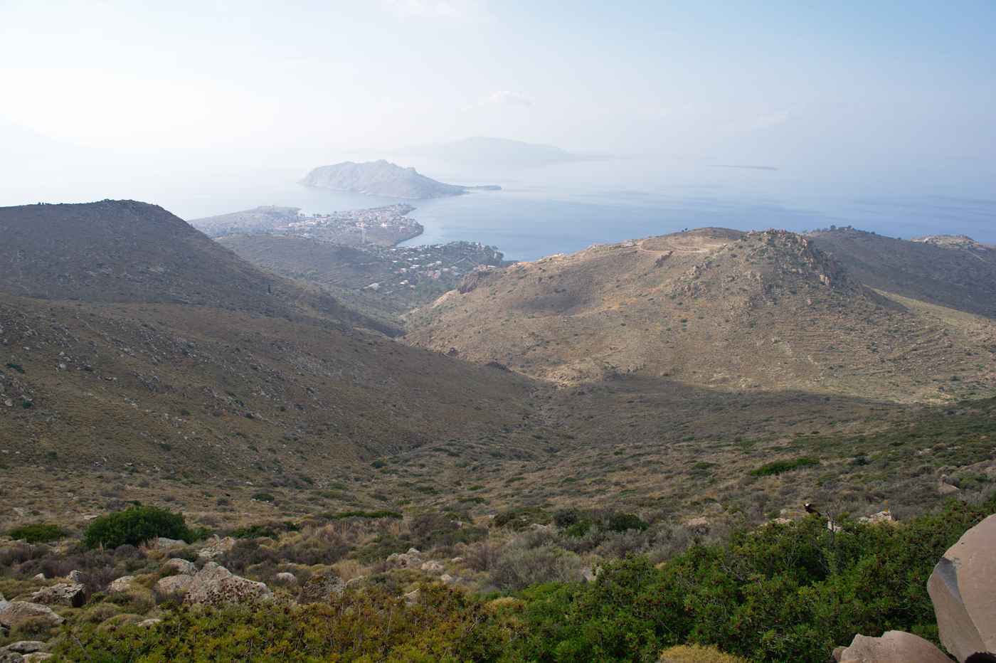 A panoramic view over the Saronic Gulf and the coast of Aegina