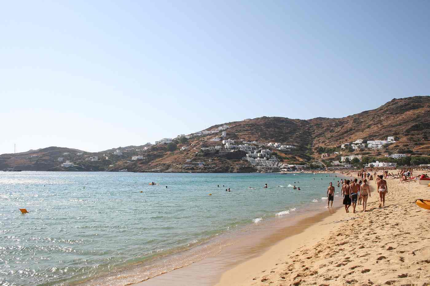 Mylopotas beach on Ios in high summer, the peak season for sun and sea