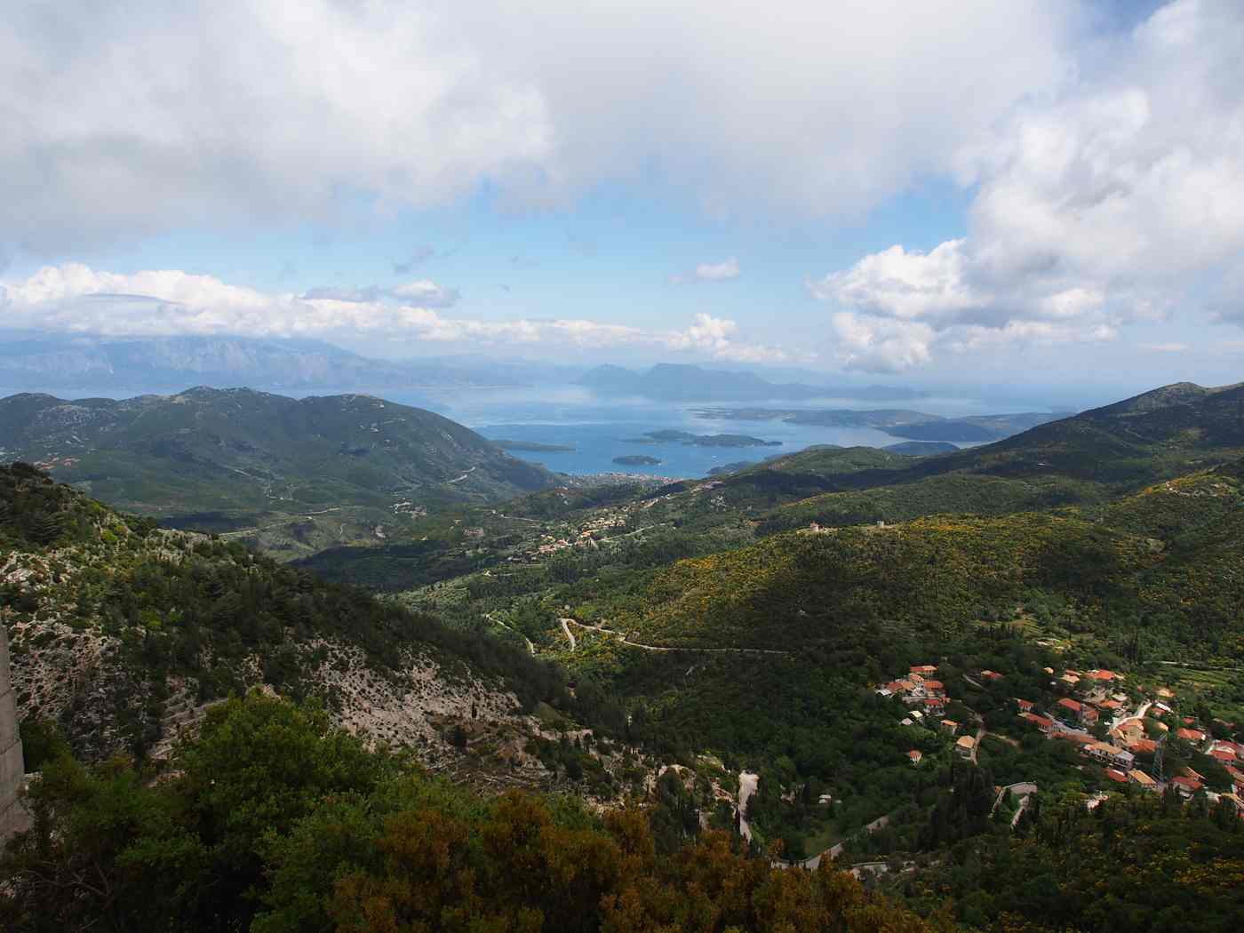 The green interior and coast of Lefkada from the mountains in spring