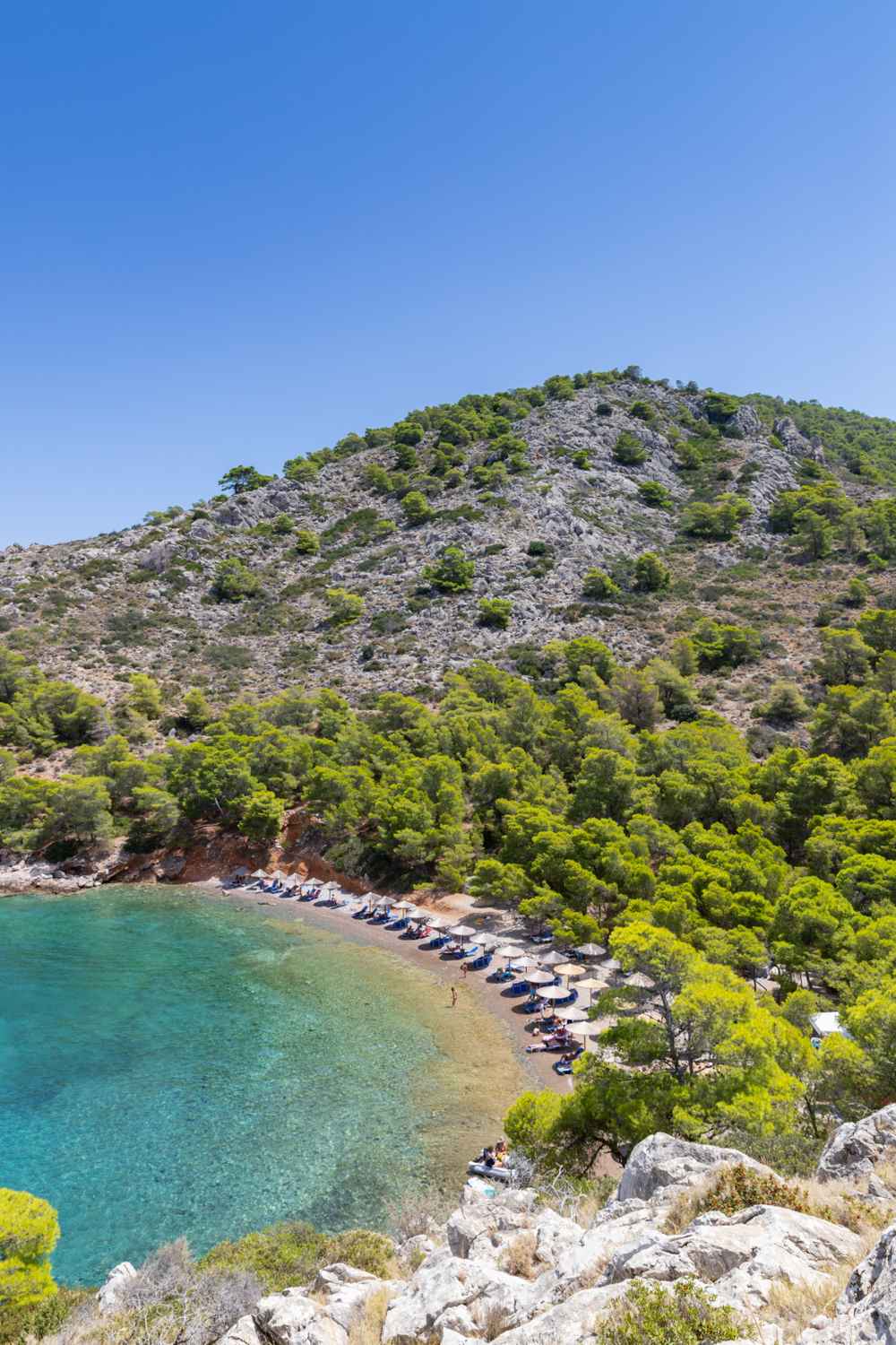 The clear water and pine-clad hillside of Bisti Beach, Hydra