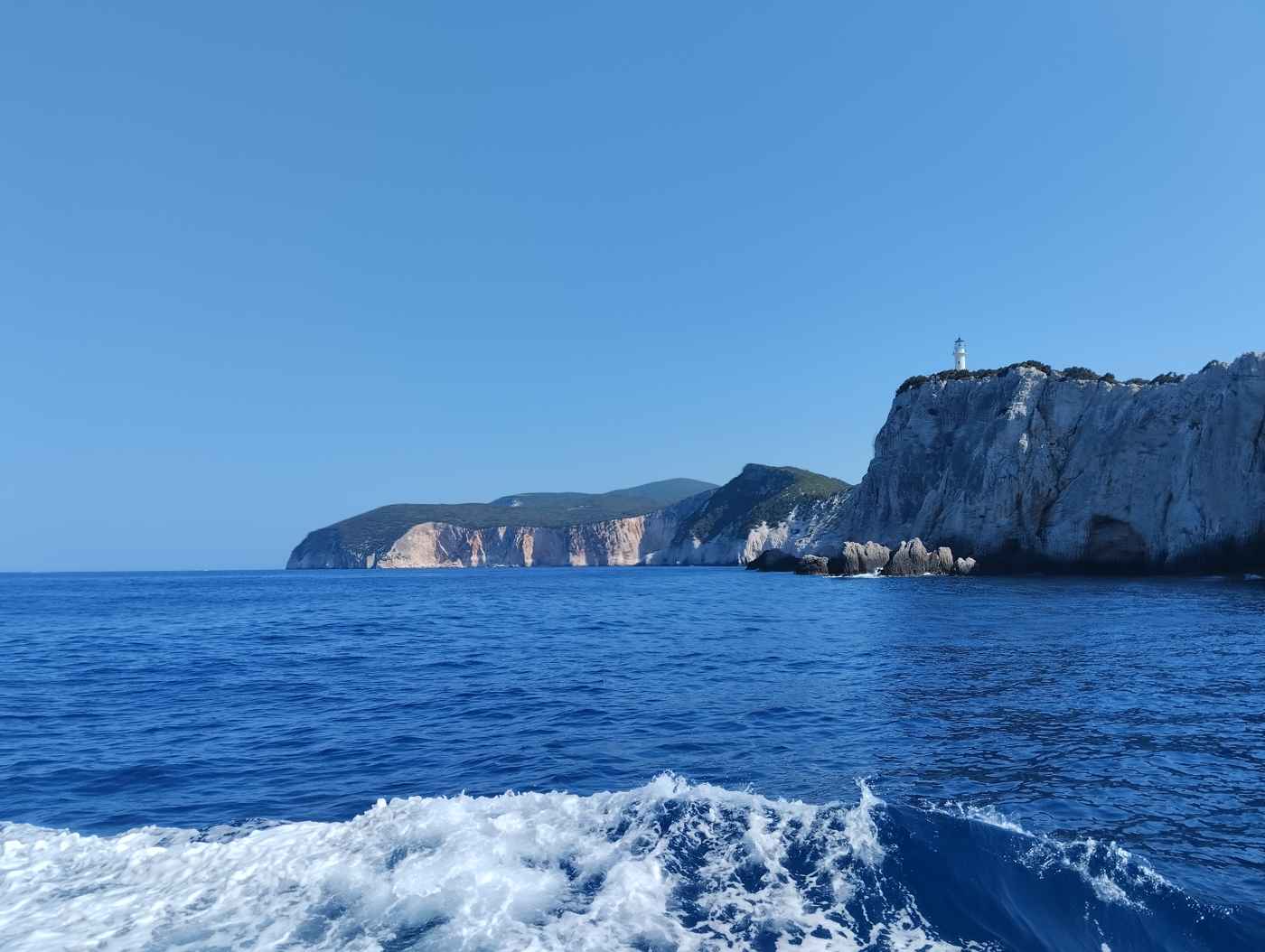 The white cliffs and Doukato lighthouse at Cape Lefkatas, the southern tip of Lefkada
