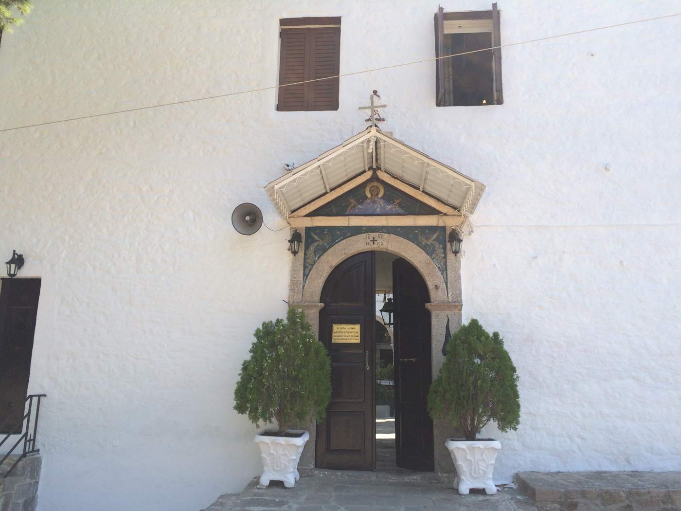 The church entrance of the Monastery of Chrysoleontissa with its icon of the Virgin, Aegina