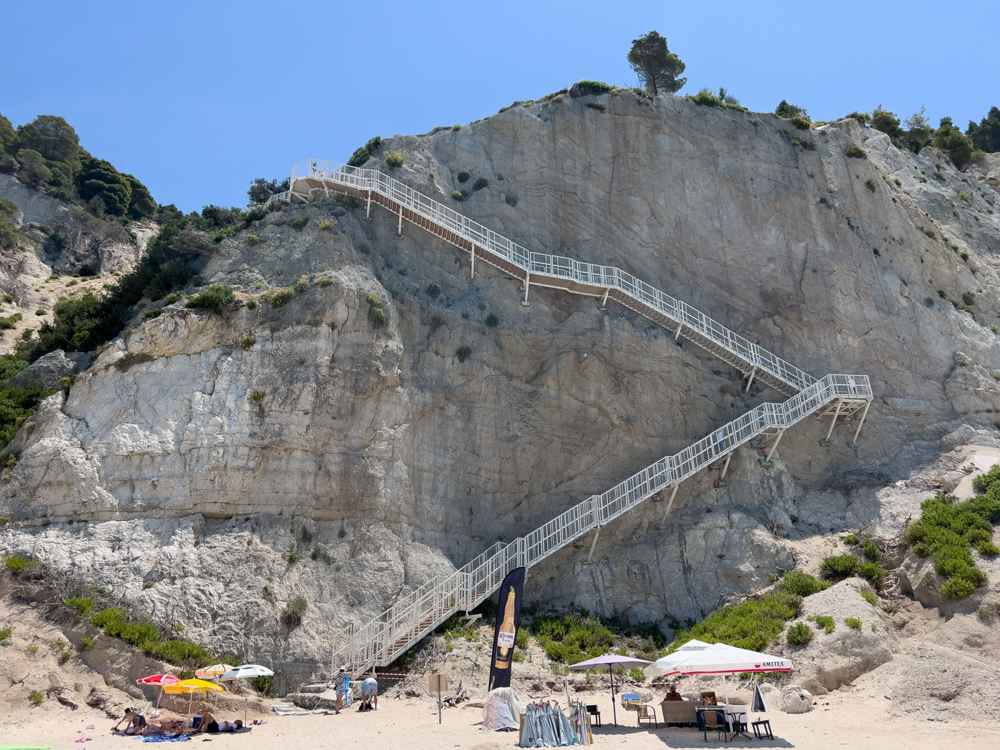 The rebuilt metal staircase descending the cliff to Egremni beach, Lefkada