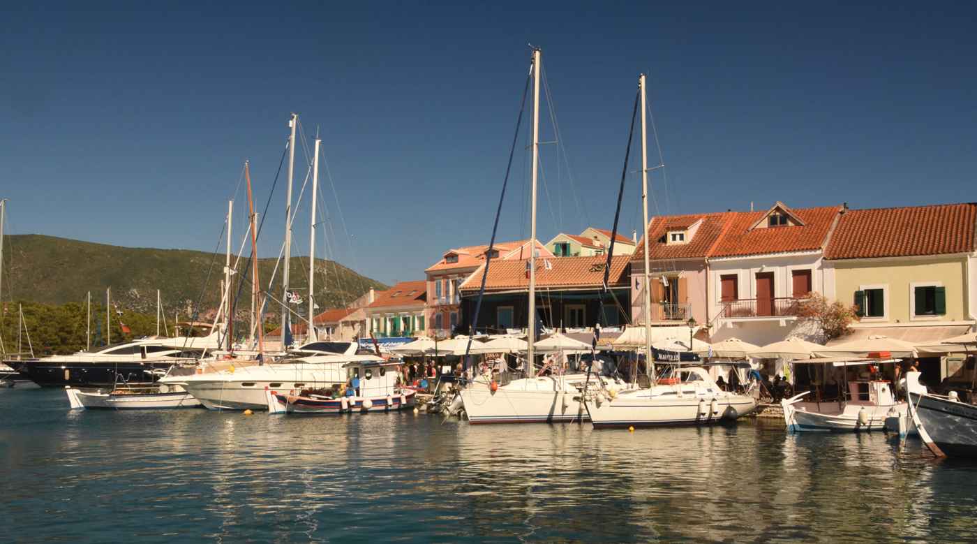 Busy Fiskardo harbour with boats, Kefalonia