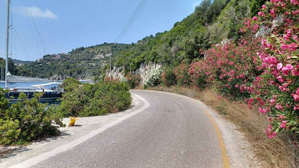 The coastal road on Paxos passing a boat-filled harbour