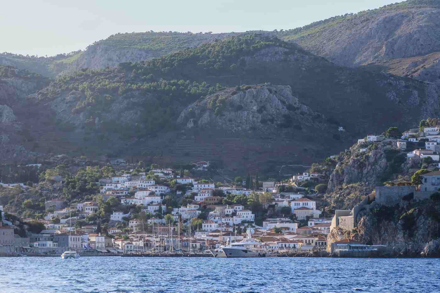 Hydra town and harbour seen from the sea when you get to Hydra