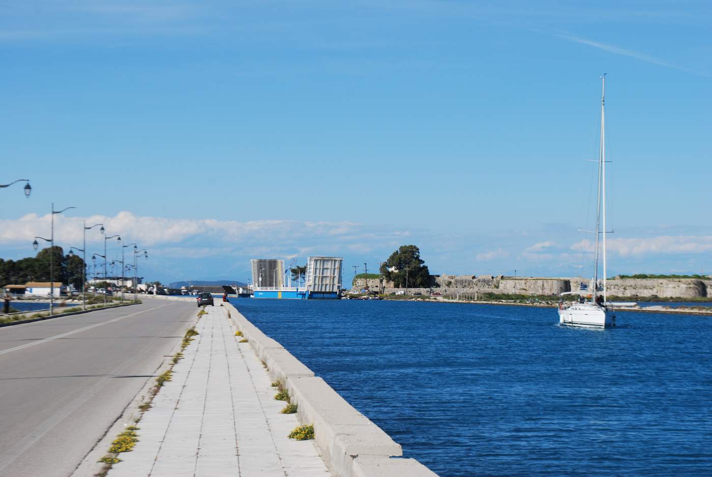 The channel and floating bridge crossing to Lefkada Town from the mainland