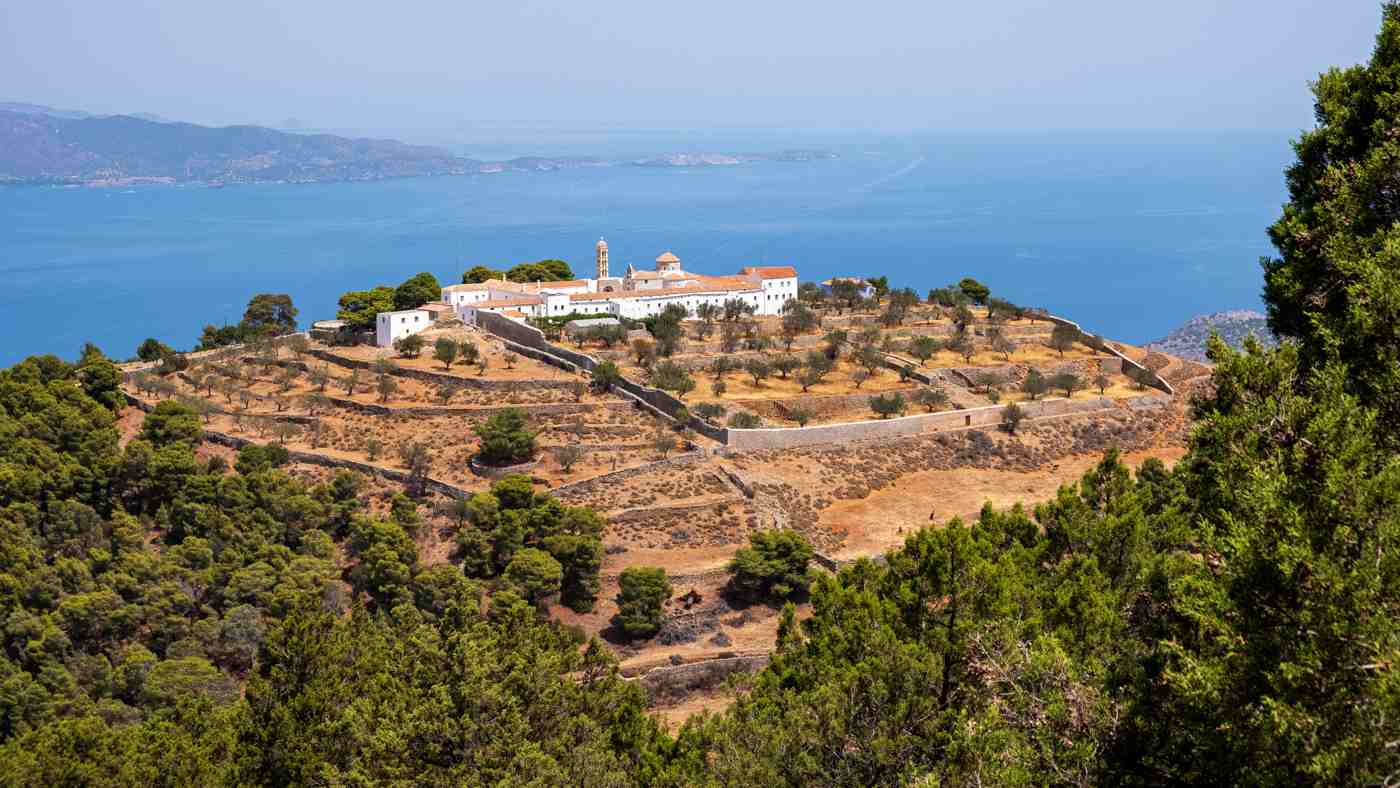 The monastery of Profitis Ilias high above the sea, one of the Hydra monasteries