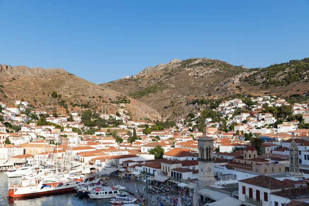 Hydra harbour quay, where many of the Hydra restaurants and cafes line the water