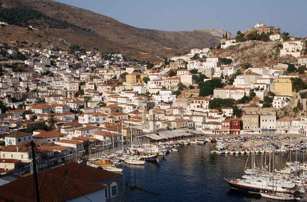 The Hydra town waterfront, home to the seafood tavernas and Hydra restaurants