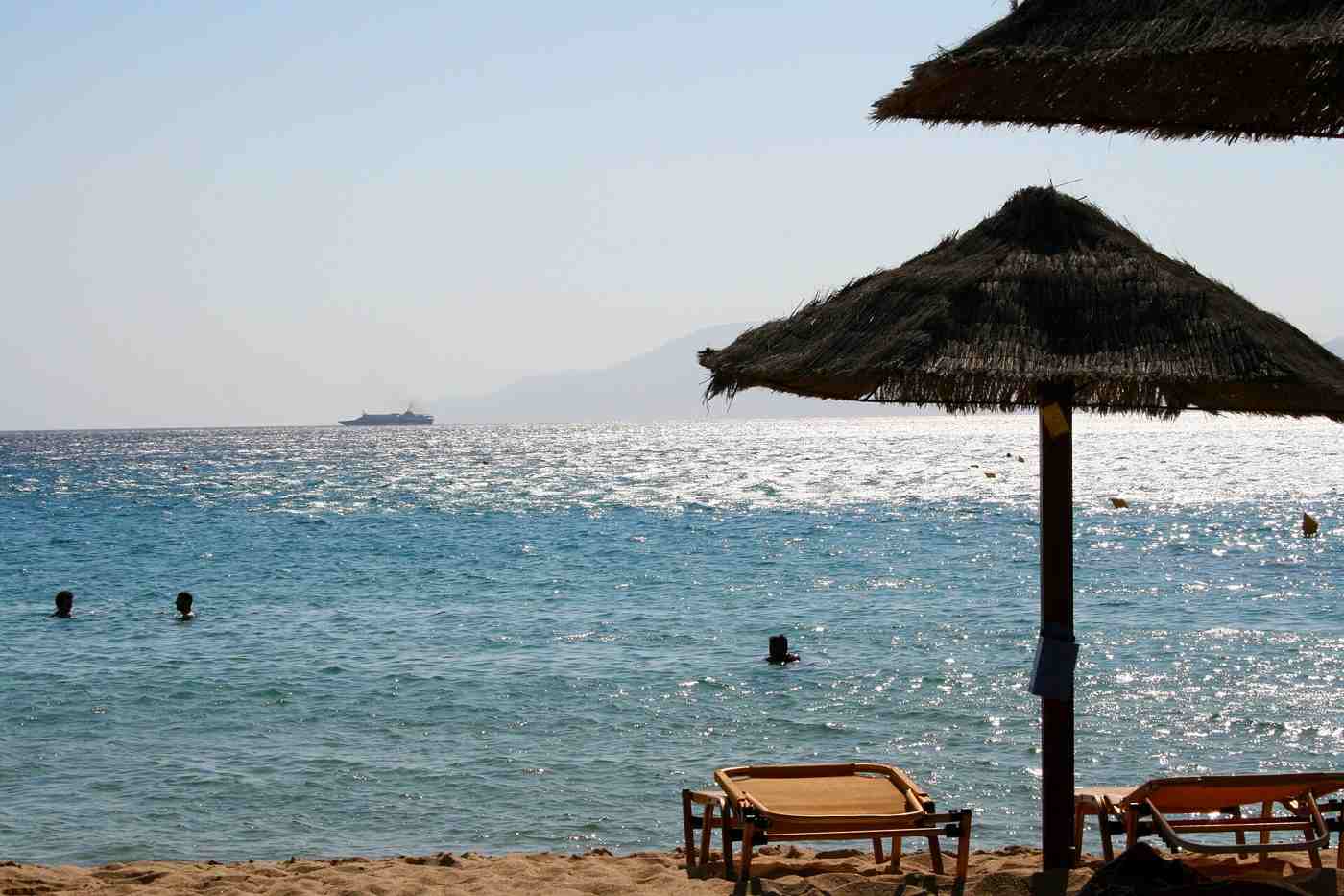 The long golden sand of Mylopotas, the main beach of Ios