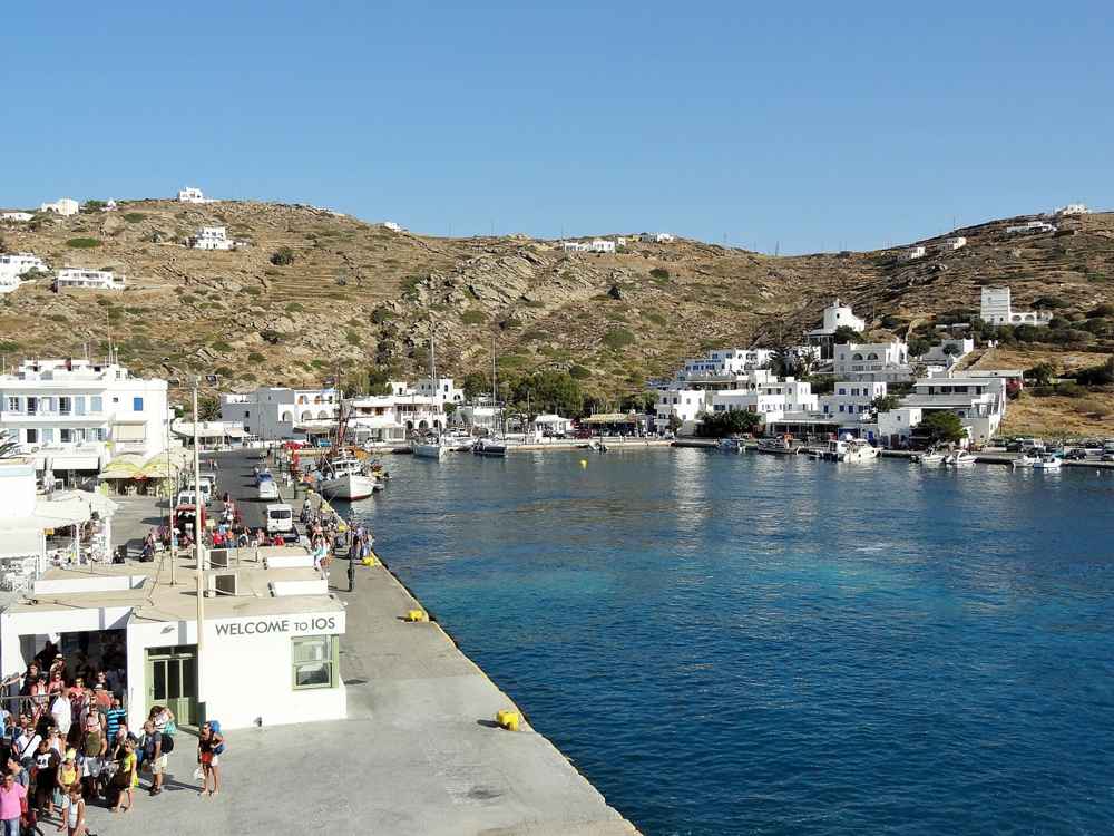 The waterfront and moored boats of Gialos, the port of Ios