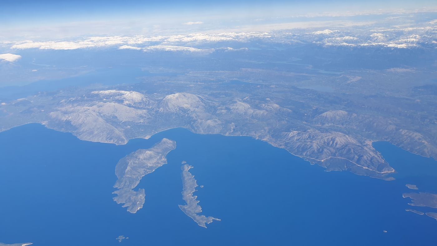Aerial view of Kalamos and Kastos in the blue Ionian near Lefkada