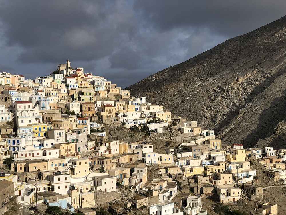 The village of Olympos stacked up its mountain ridge in northern Karpathos