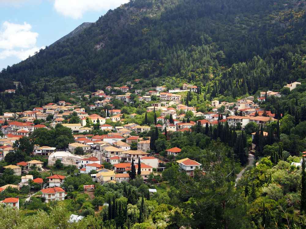 The mountain village of Karya among green slopes in the centre of Lefkada