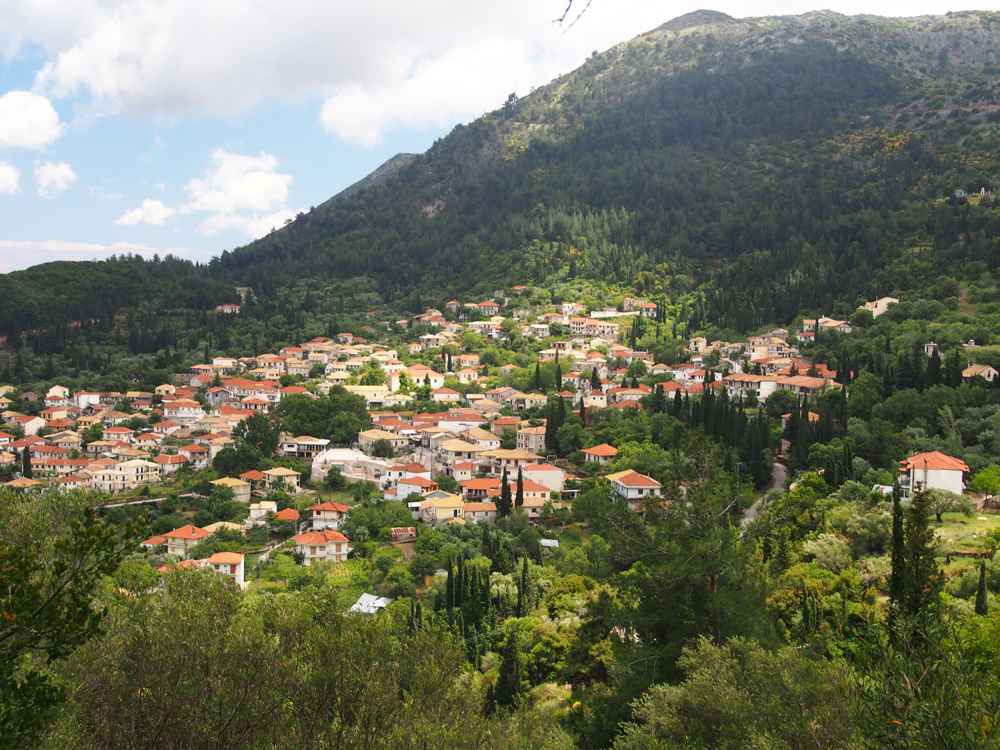 Red-tiled houses of Karya on the hillside of inland Lefkada