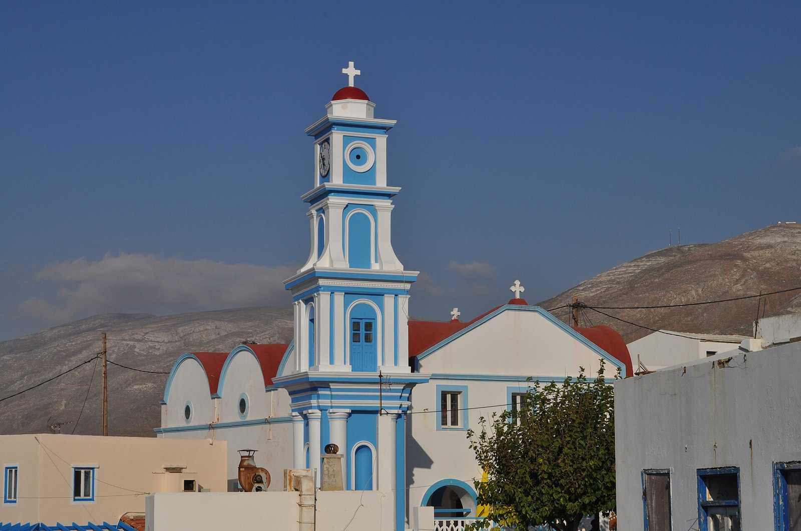 Church with clock tower in Fry, Kasos island, Greece
