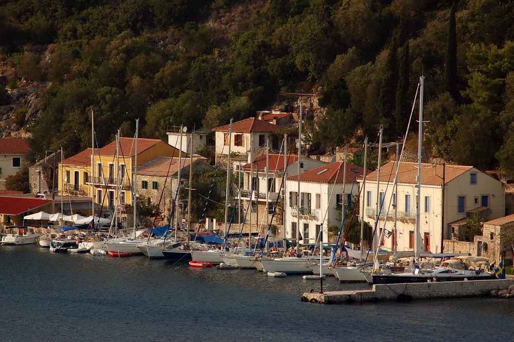 Kioni harbour with moored sailing yachts, Ithaca