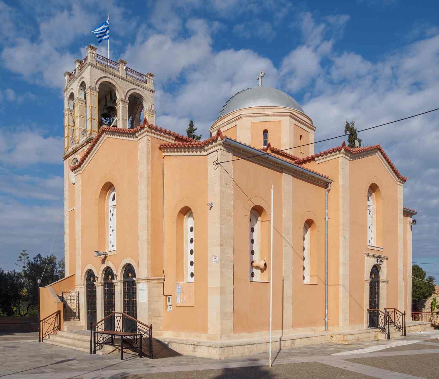The silver-domed church of Evangelistria on the main square of Kypseli, Aegina