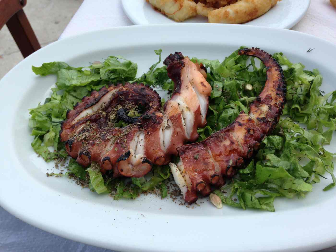Char-grilled octopus, a classic dish of Lefkada food and Ionian cuisine