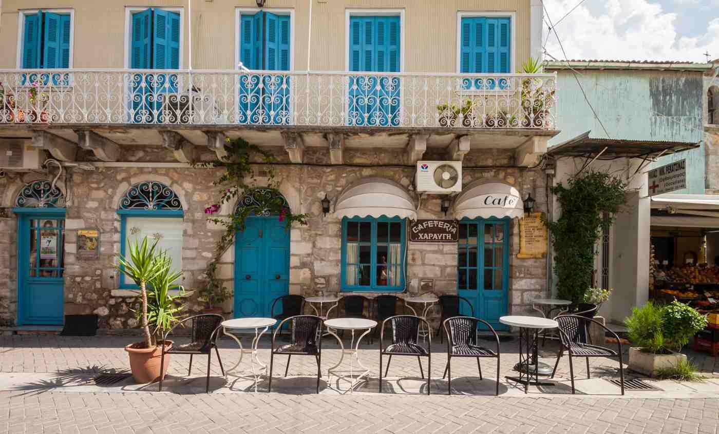 A cafe and produce shop on a stone street in Lefkada Town