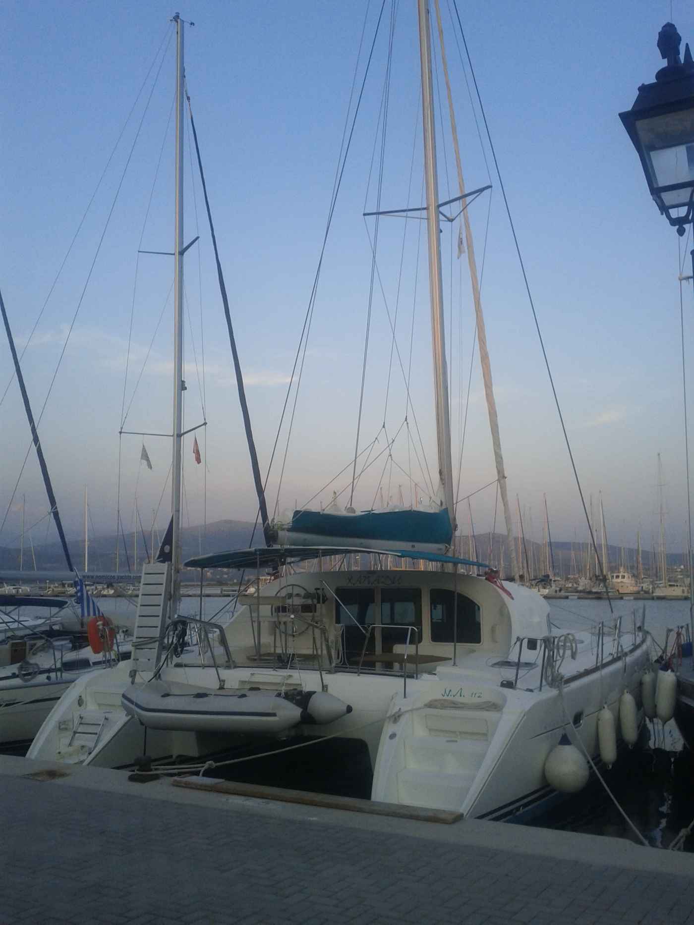 A charter catamaran at the Lefkas marina, the base for Lefkada sailing