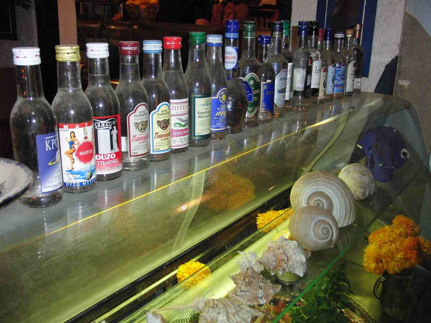 A display of Plomari and Mytilene ouzo, the famous anise spirit of Lesbos
