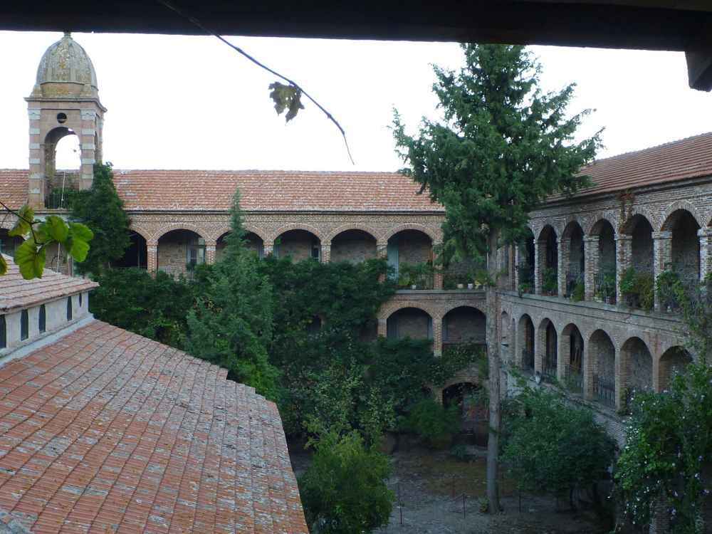 The arcaded courtyard of the Limonos Monastery near Kalloni, the largest monastery on Lesbos