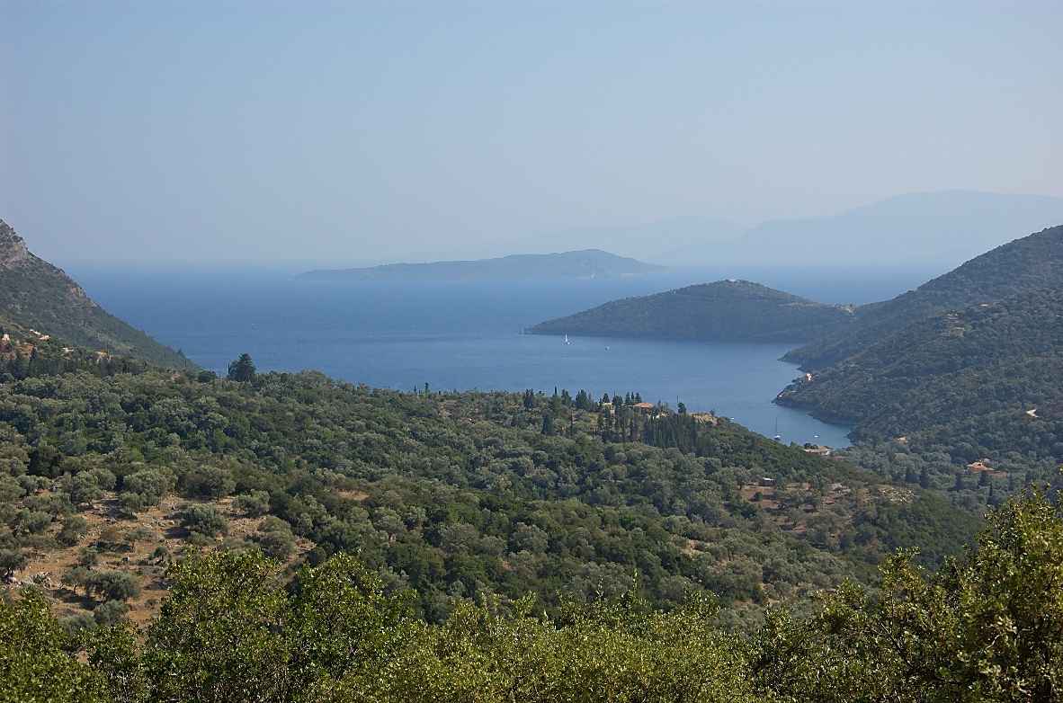 The sheltered wooded bay of Mikros Gialos near Poros on the south-east coast of Lefkada