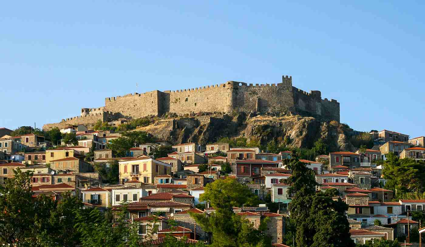 The village of Molyvos on Lesbos beneath its medieval castle