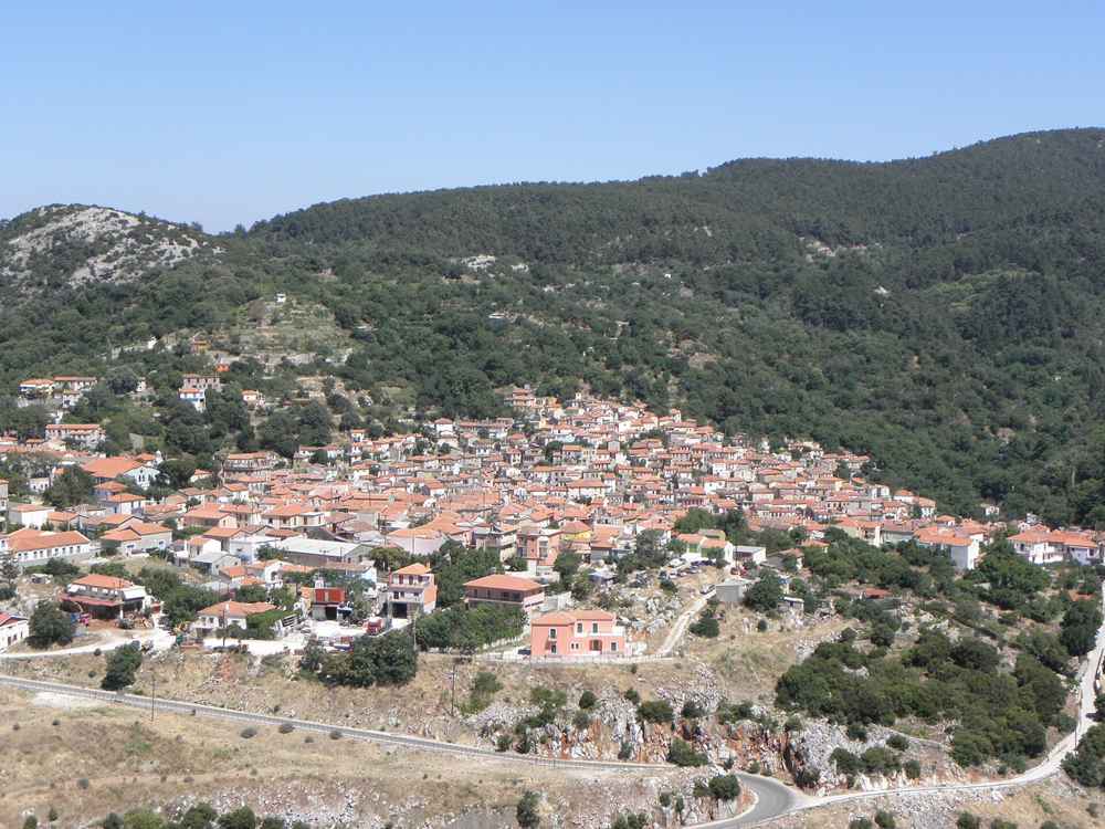 The forested slopes of Mount Olympus rising above the village of Agiasos on Lesbos