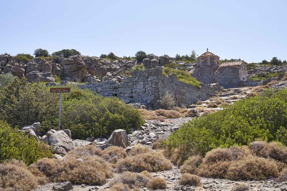 The ancient wall and stone staircase of the Temple of Ellanios Zeus on the summit of Mount Oros