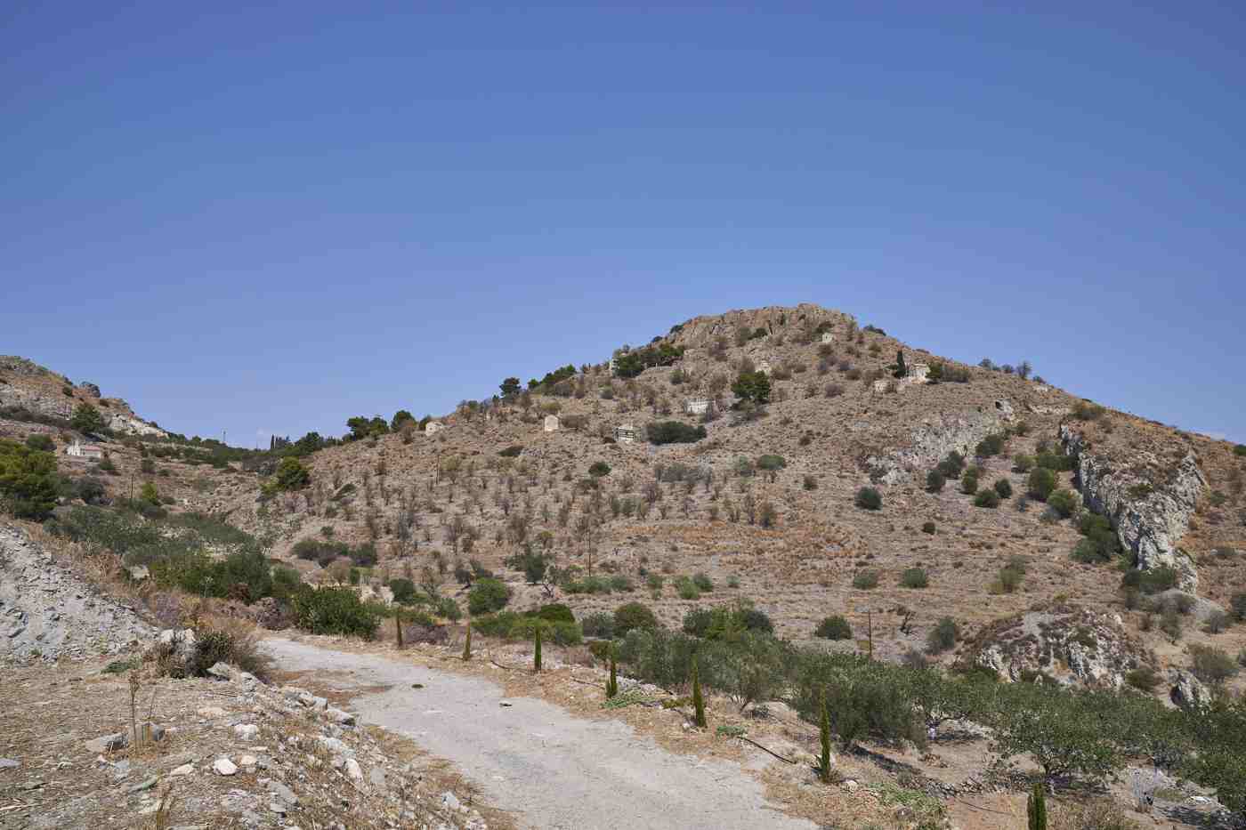 The ruined medieval ghost town of Paleochora on its hill, Aegina