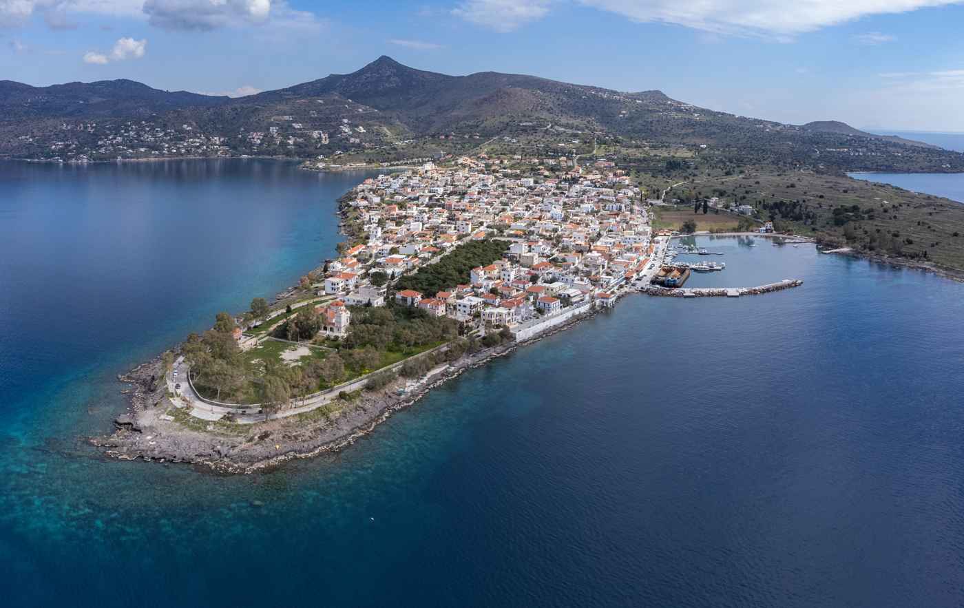 Aerial view of the fishing village of Perdika on its peninsula, Aegina