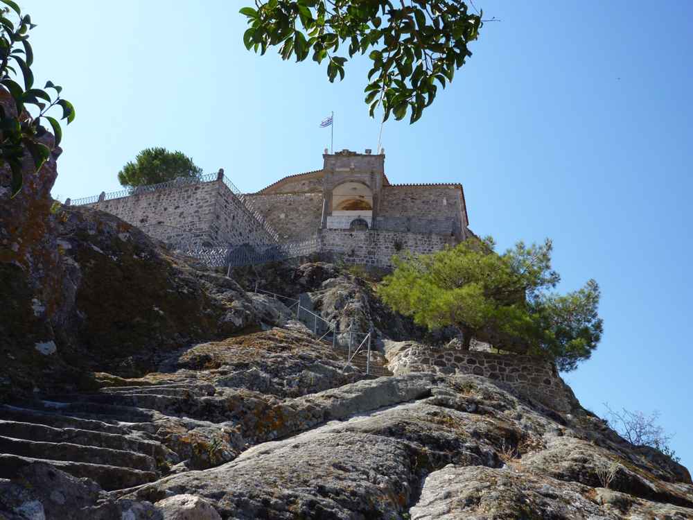 The church of Panagia Glykofilousa on its rock at Petra, Lesbos