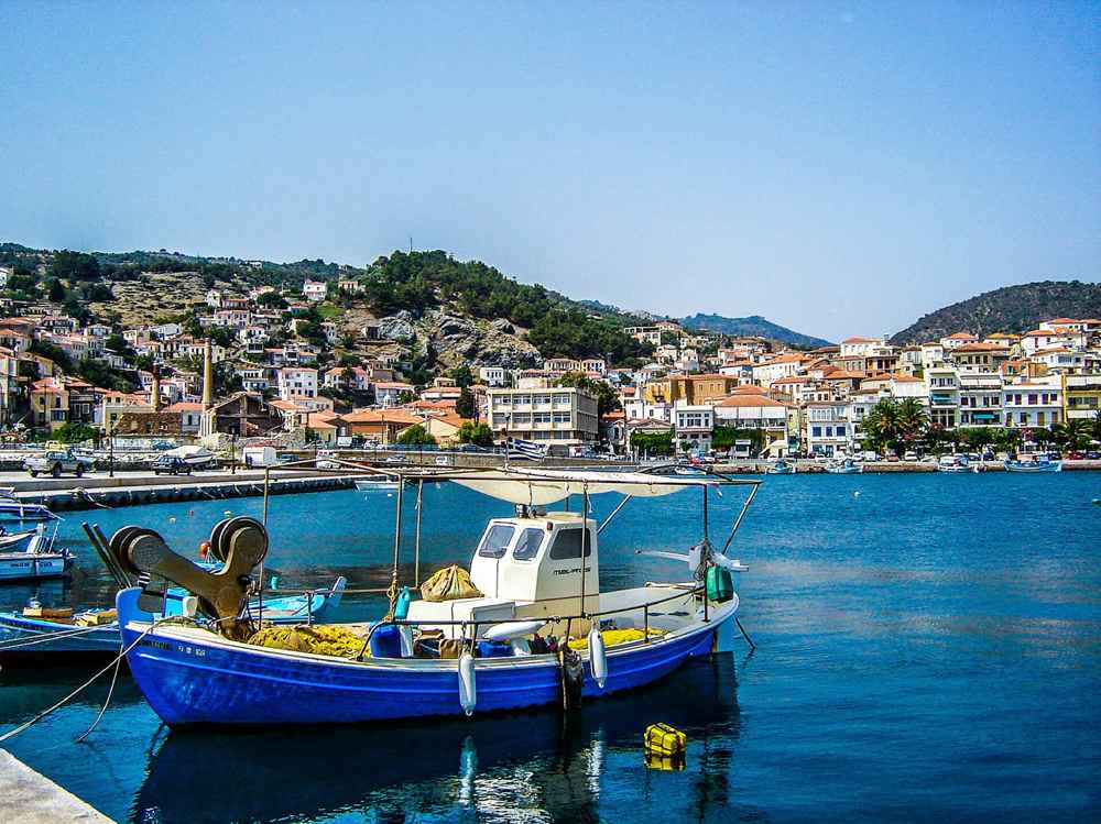 The harbour and hillside town of Plomari on Lesbos