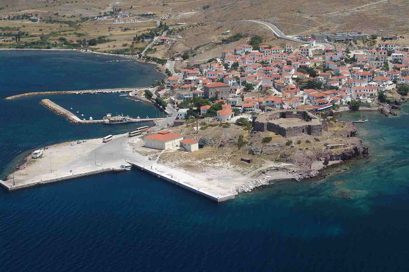 Aerial view of Sigri, its harbour and Ottoman castle at the western tip of Lesbos