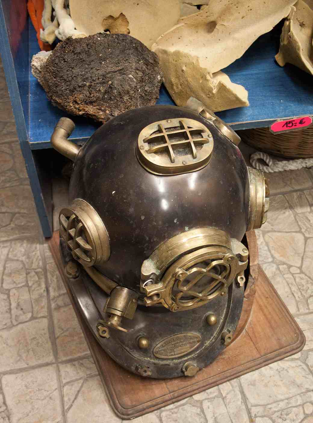 Old brass sponge-diving helmet on Symi
