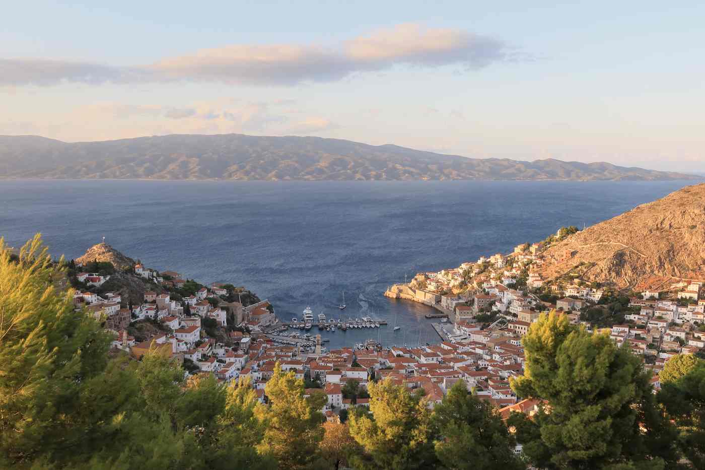 Hydra town and harbour from above, the setting for the best things to do in Hydra