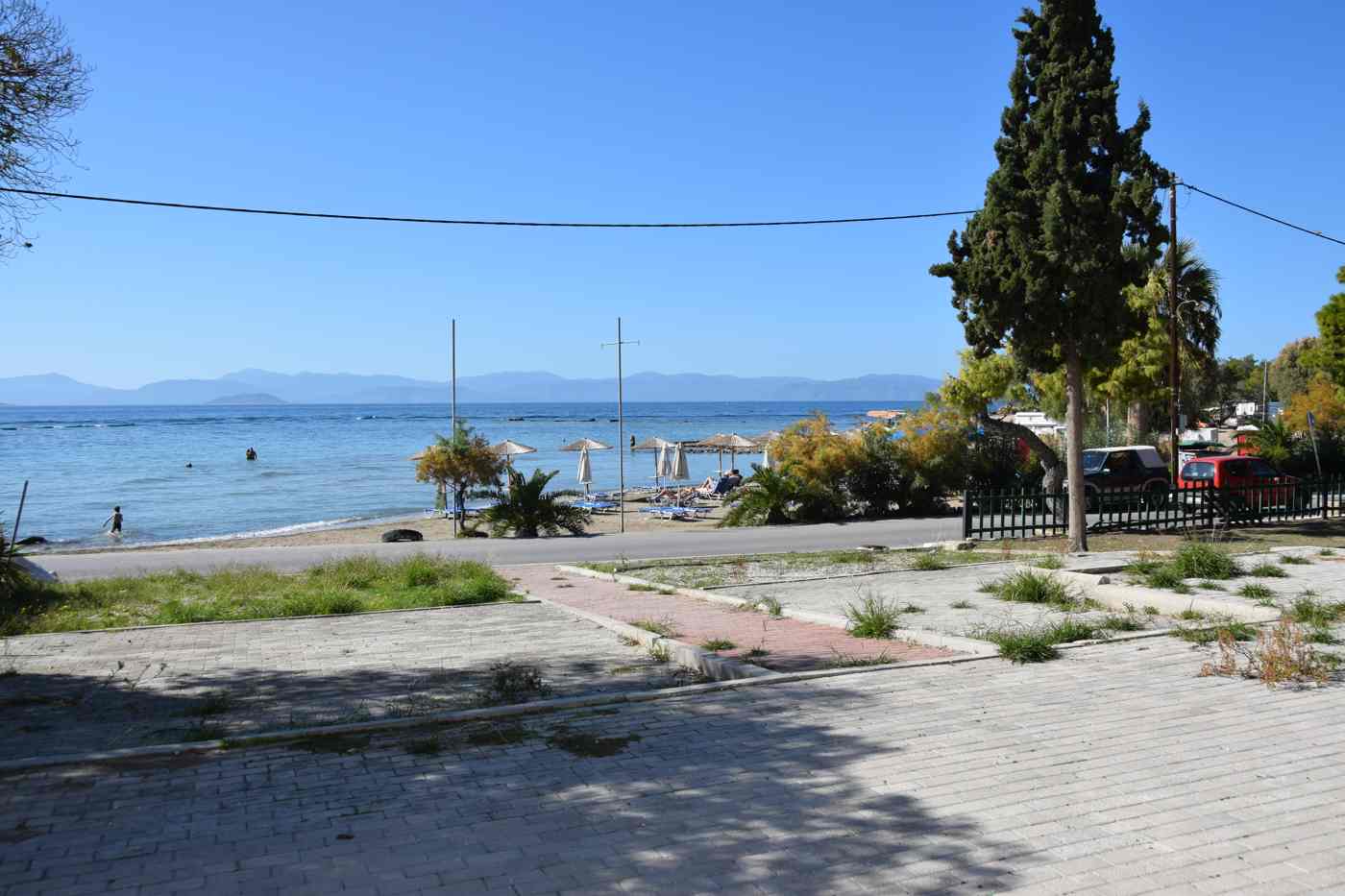 A quiet organised beach with umbrellas and shade trees on Aegina