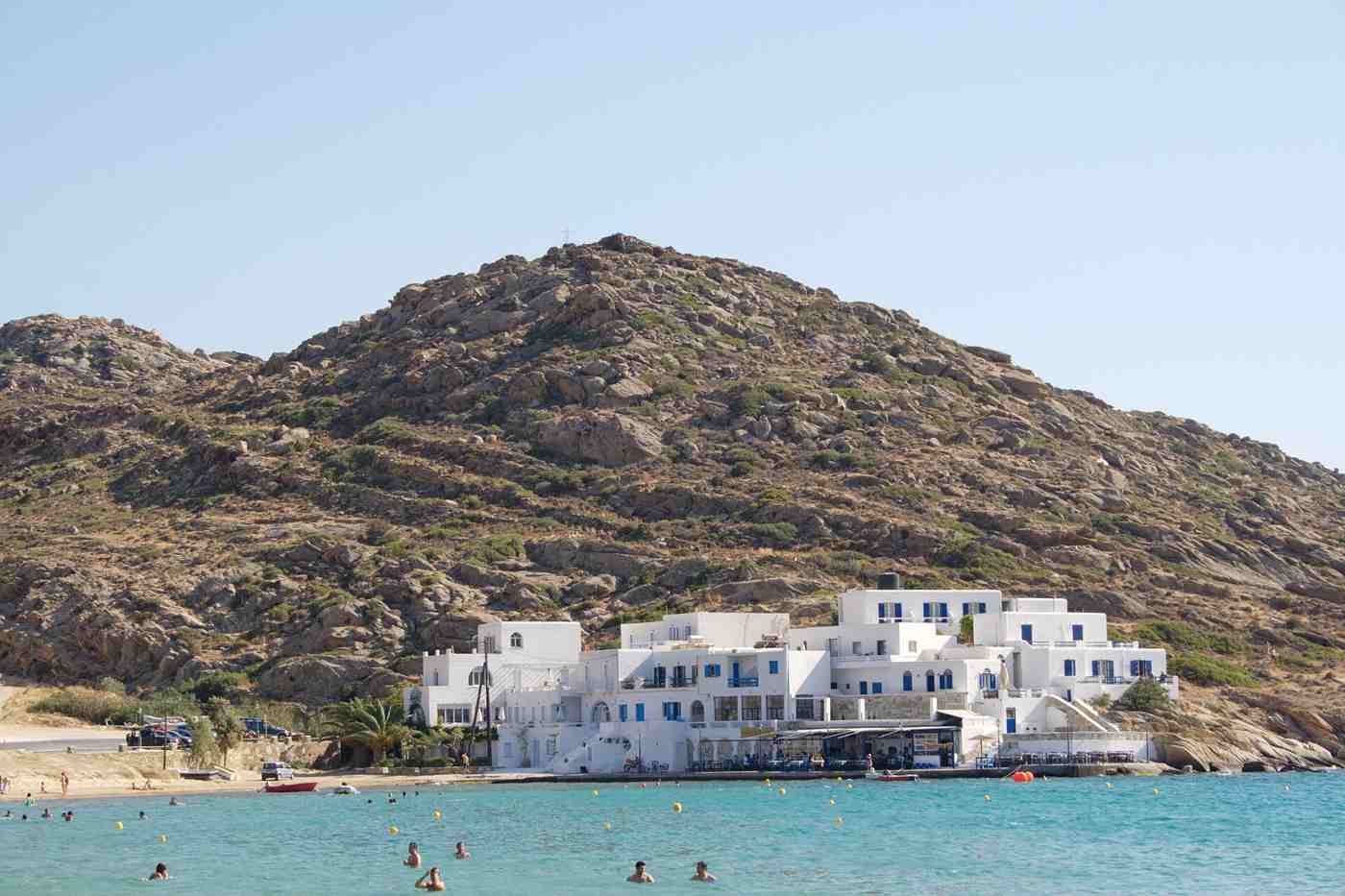 Beachfront hotels and tavernas at Mylopotas, a favourite base for a beach holiday on Ios