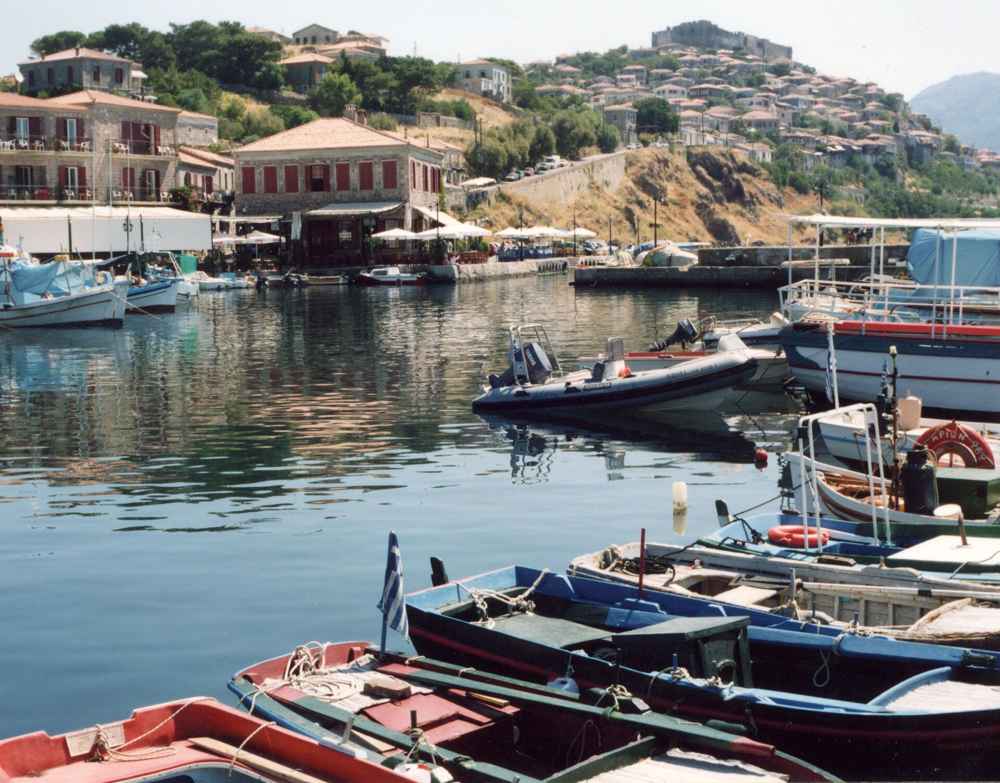 The fishing harbour and hillside town of Molyvos, a popular place to stay on Lesbos