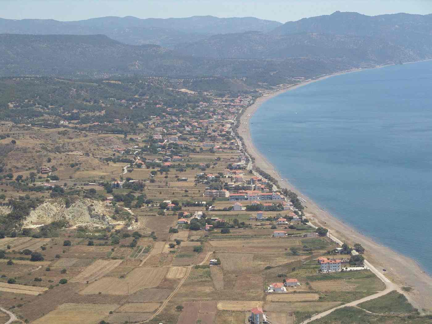 The long sandy beach and resort strip of Vatera on the south coast of Lesbos