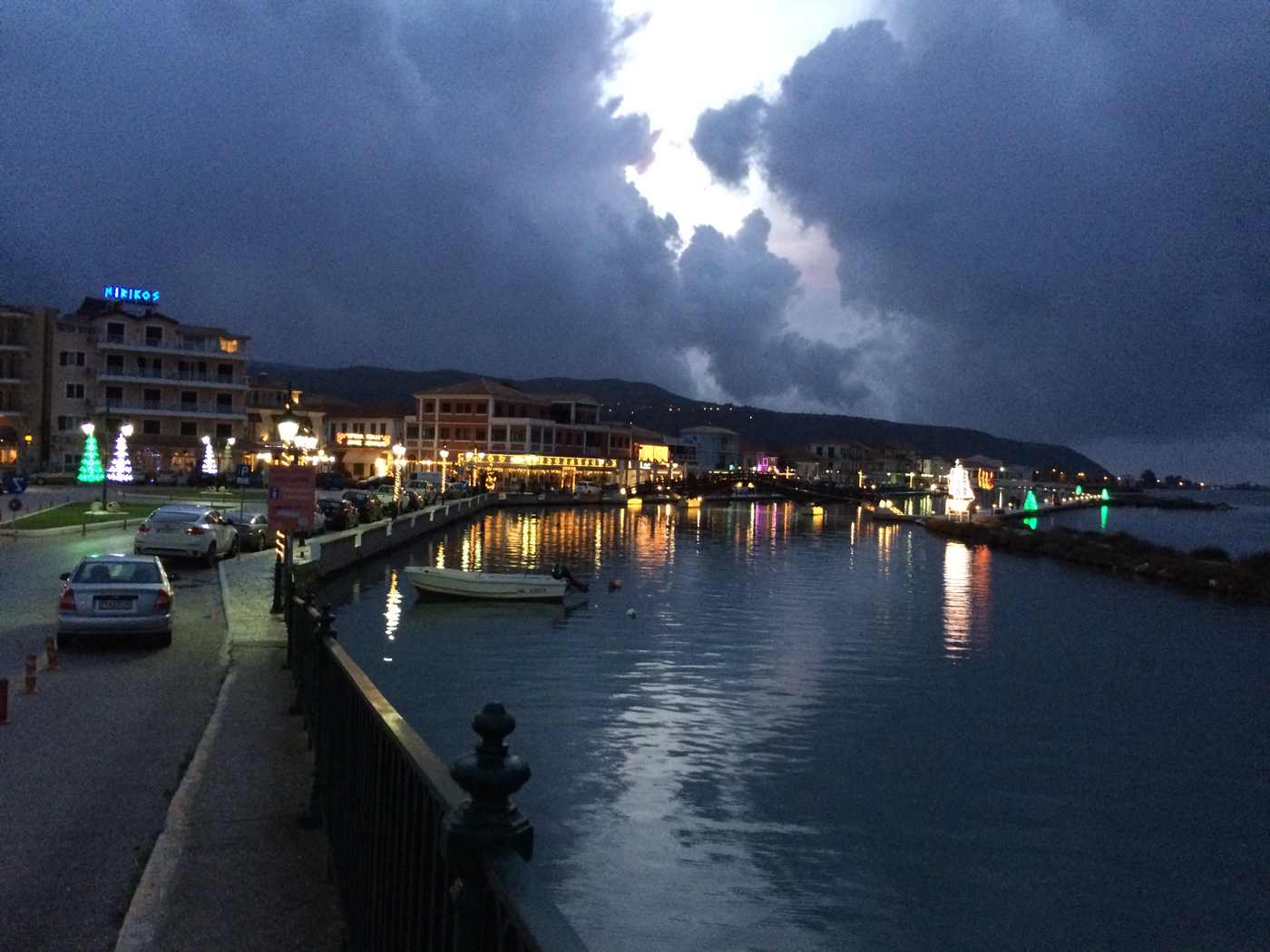 The lagoon and festive waterfront of Lefkada in winter
