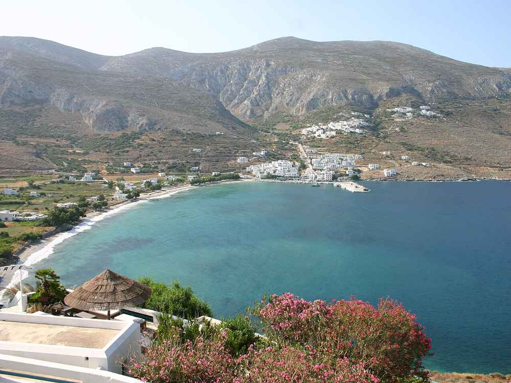 The sandy curve of Aegiali bay on the north coast of Amorgos, the island's easiest beaches
